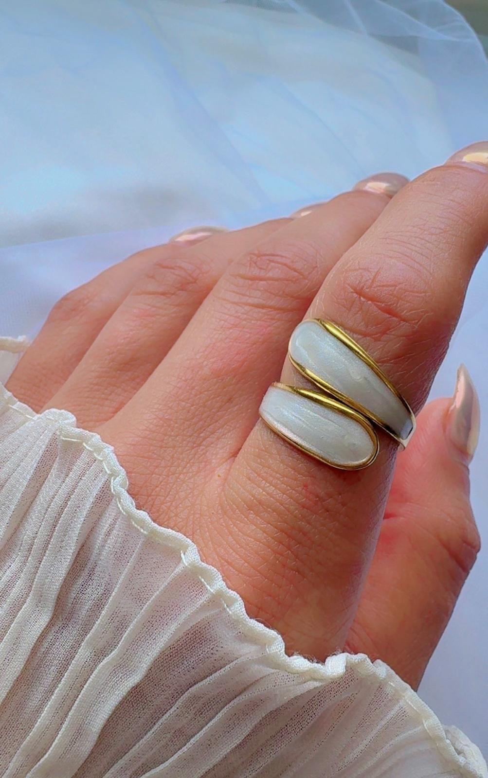 Gold shell inlay band ring with white shell-like finish displayed on hand