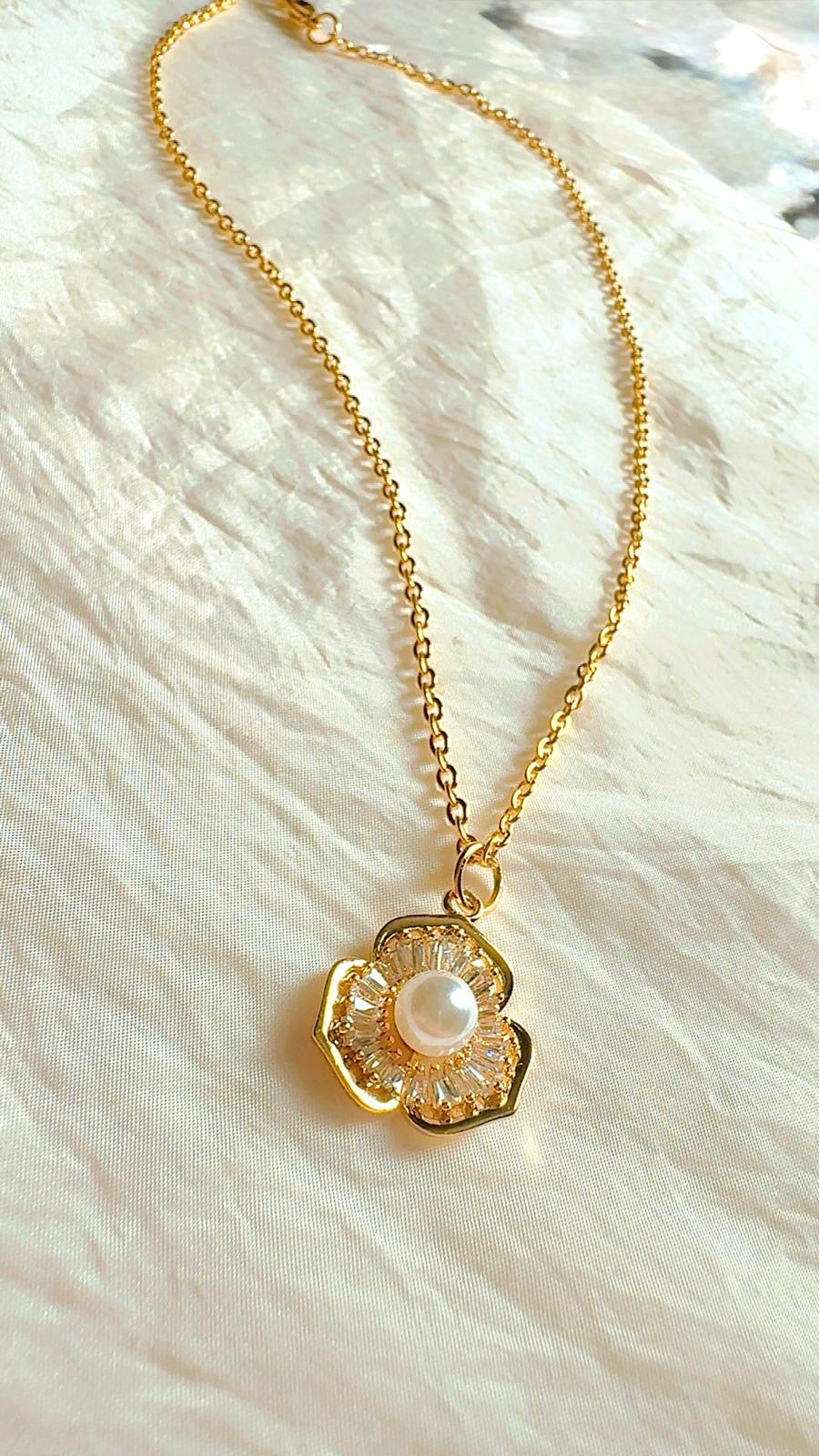 Zircon and Pearl Flower Necklace - Timeless Elegance with Modern Durability