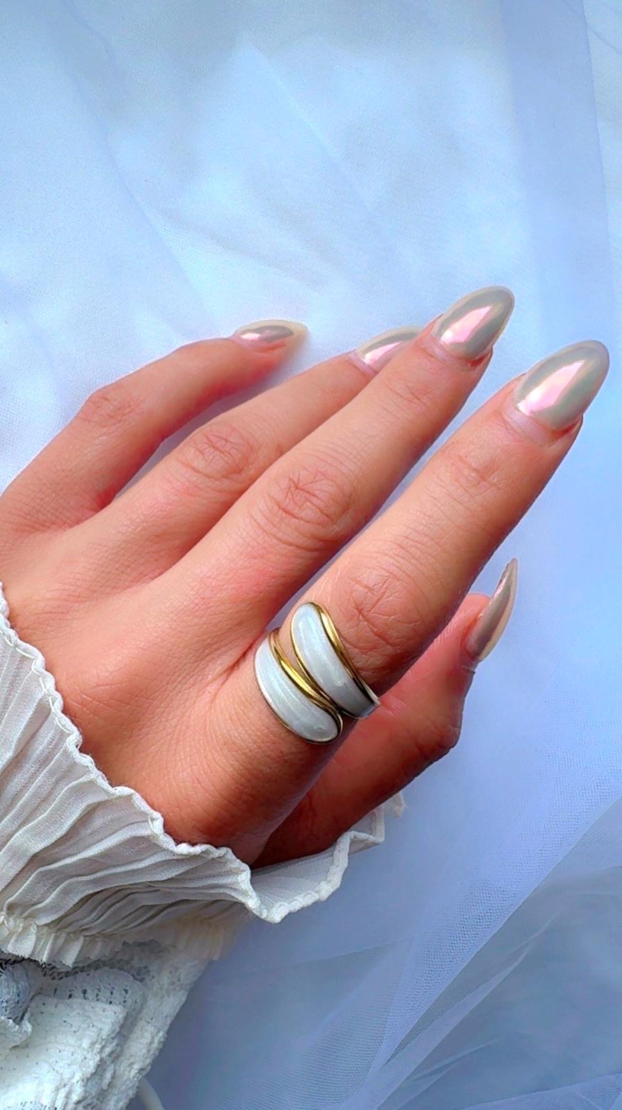 18k gold plated stainless steel wide band ring with shell-inspired inlay