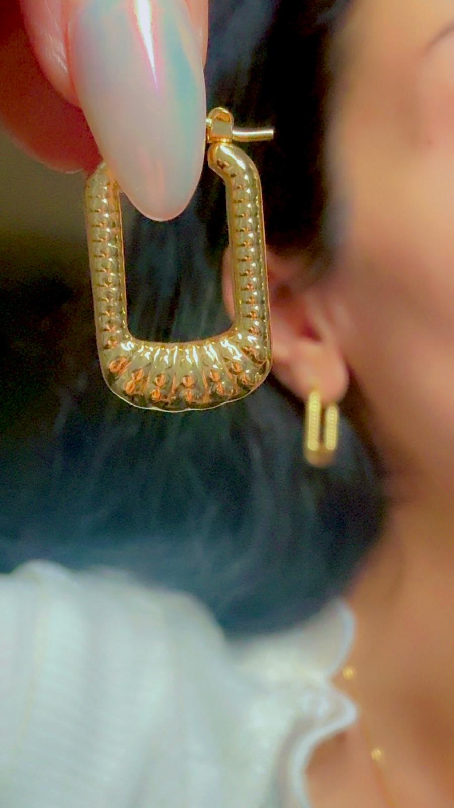 Modern rectangular gold hoop earrings for women, textured design