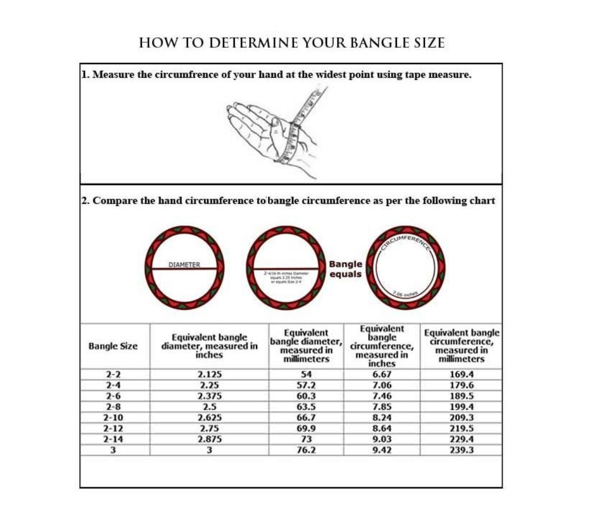 Instructions on how to determine bangle size with measurements and chart.