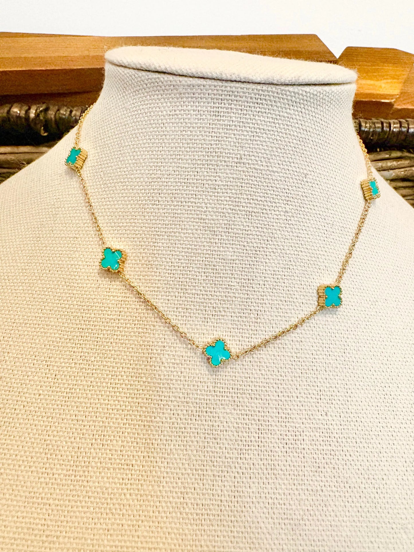 Turquoise clover station necklace in 18K gold plated stainless steel