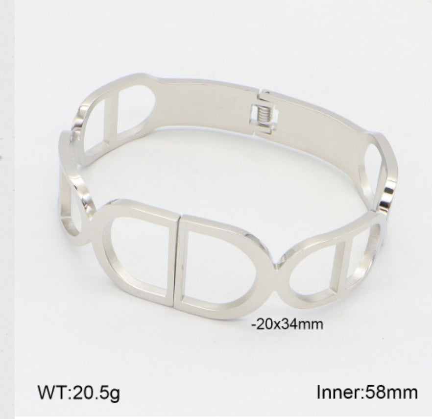 Silver Geometric Cutout Wide Bangle Bracelet – 18K White Gold Plated