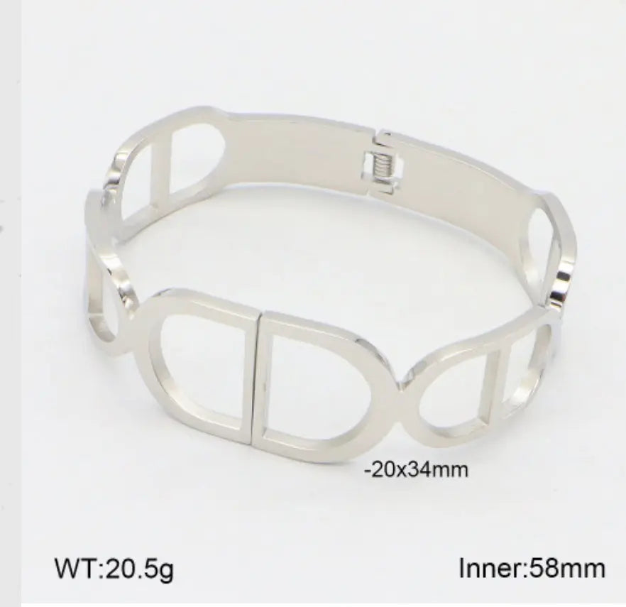 Silver Geometric Cutout Wide Bangle Bracelet – 18K White Gold Plated Yahala Boutique