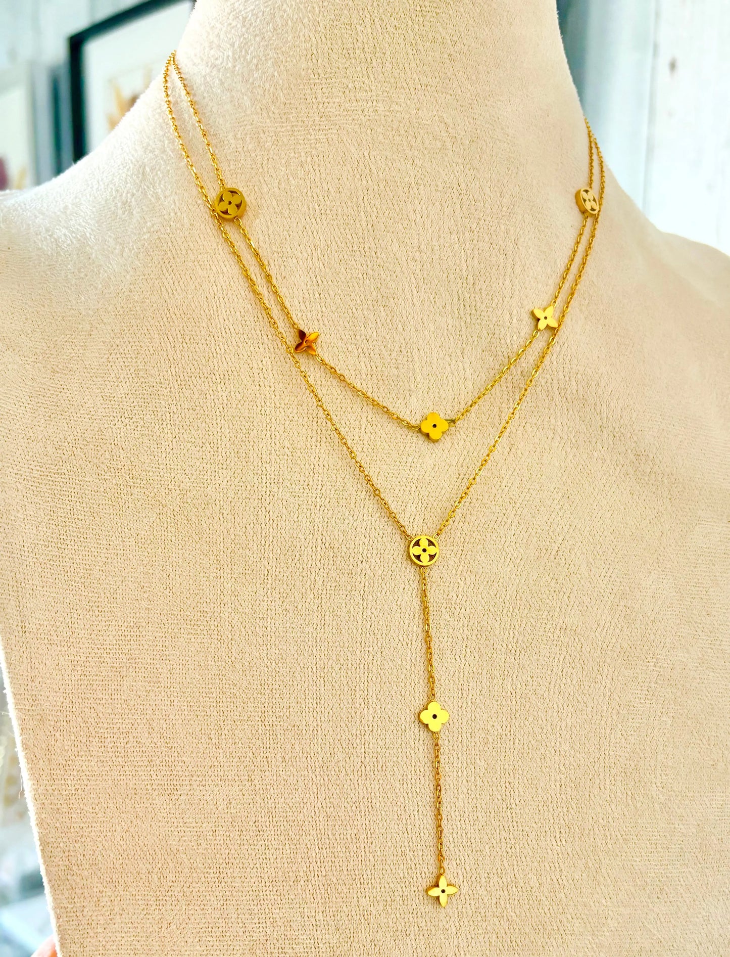 Gold Dainty Clover Lariat Necklace – 18K Gold Plated Double Layer Yahala Boutique