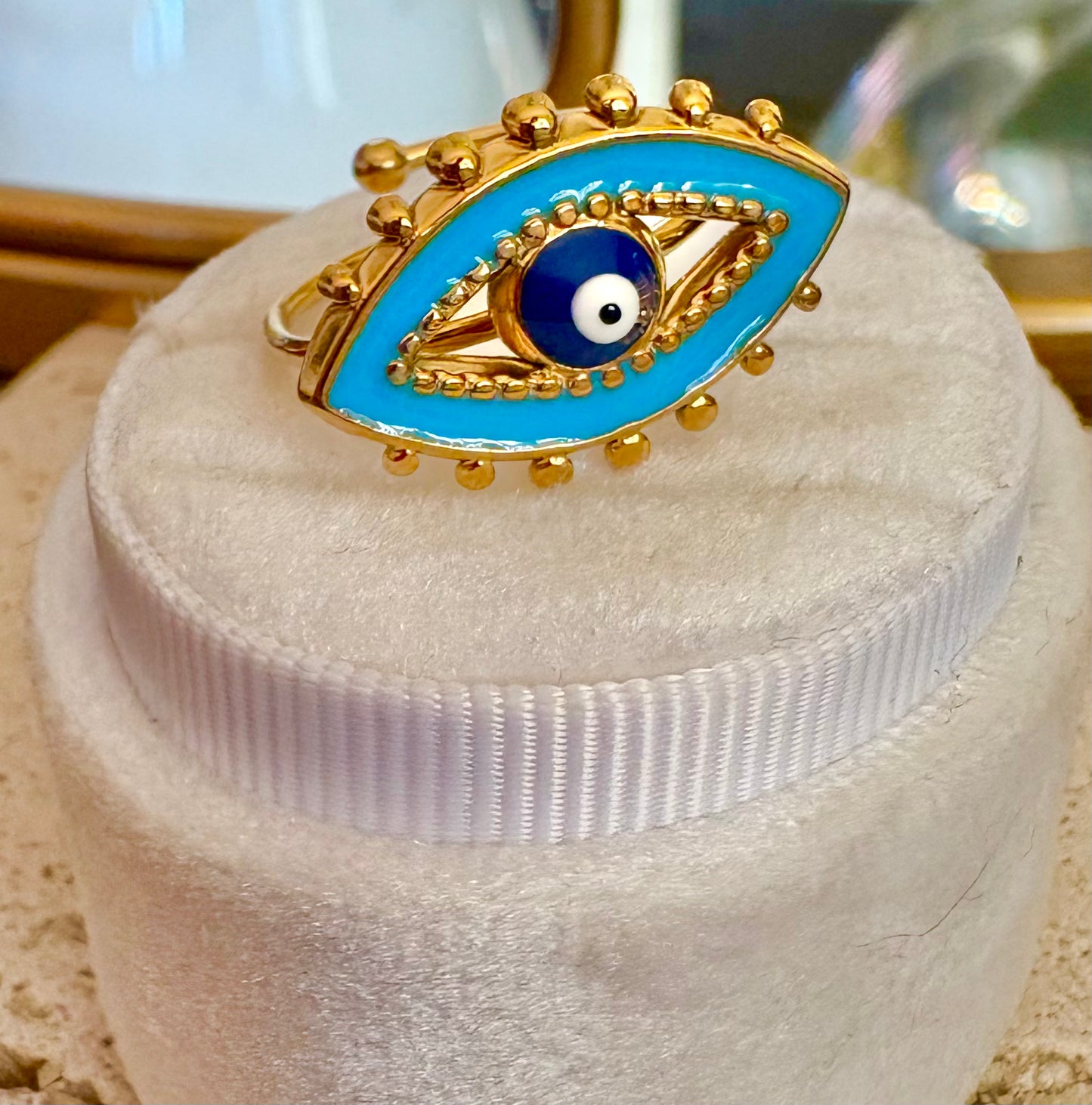 Gold and turquoise blue evil eye ring