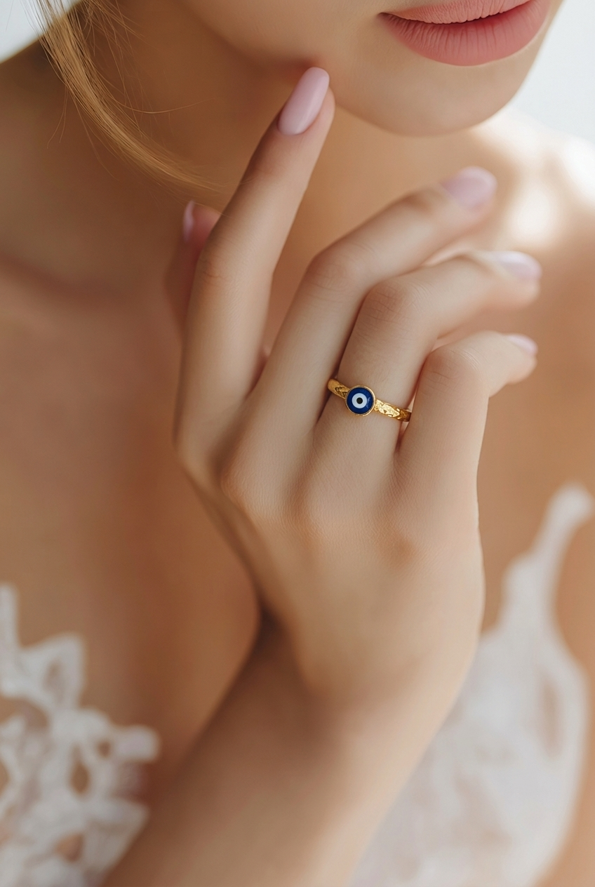 Close-up of a hand wearing a gold ring with a blurred background