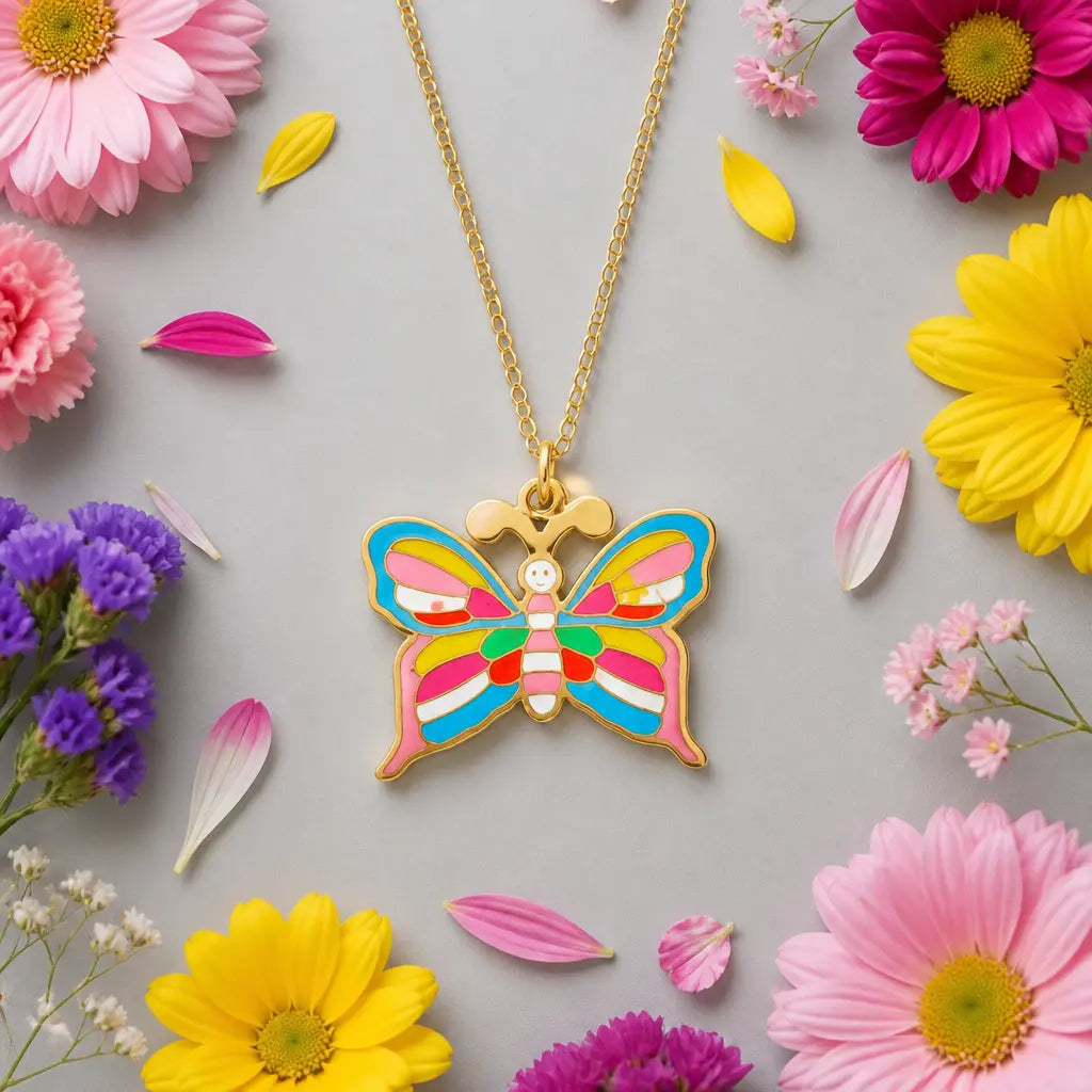 A gold-tone butterfly pendant necklace with colorful enamel wings.