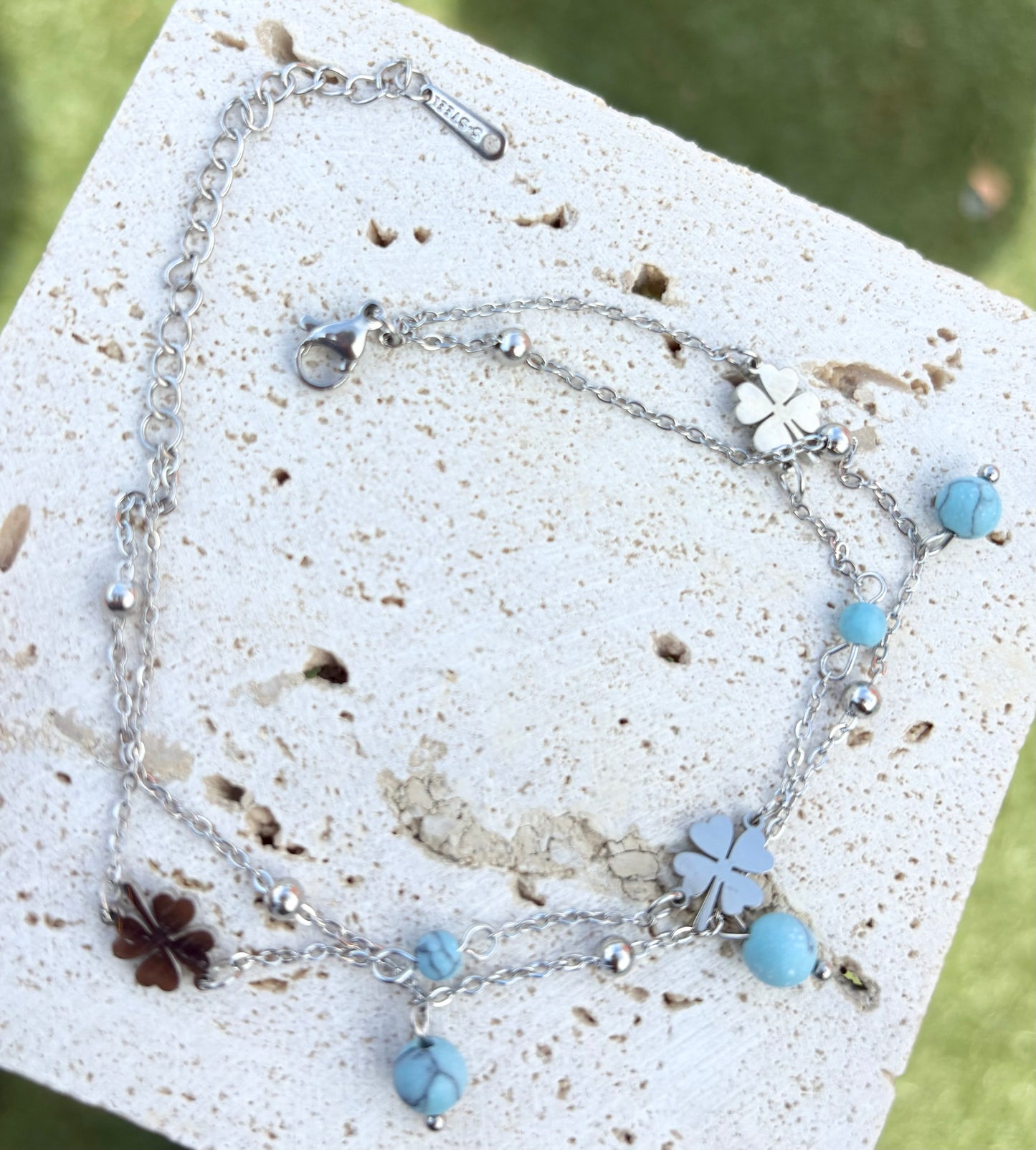 Golden Luck Clover & Turquoise Beaded Anklet - 18k Gold Plated, Tarnish-Free
