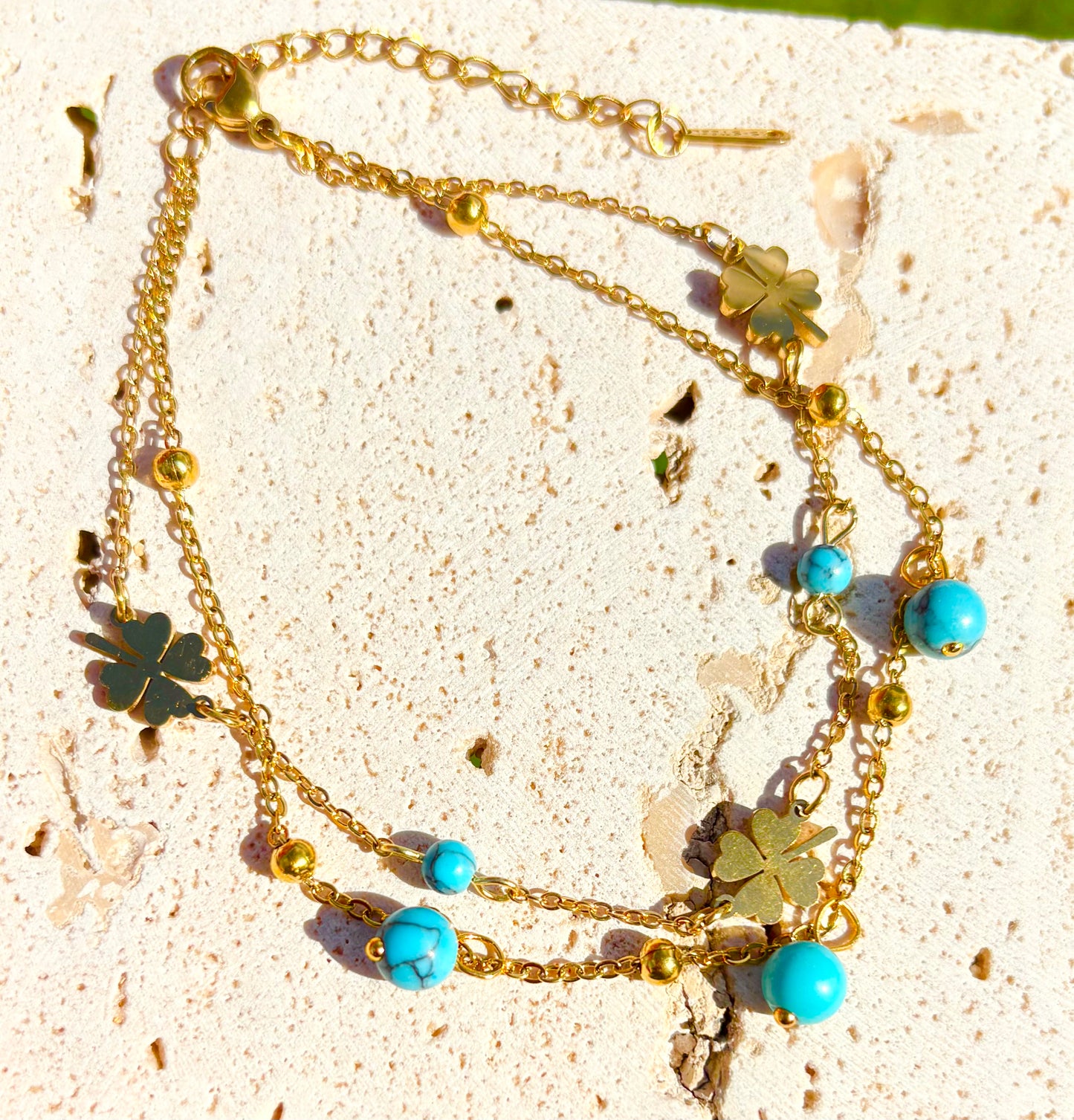Golden Luck Clover & Turquoise Beaded Anklet - 18k Gold Plated, Tarnish-Free