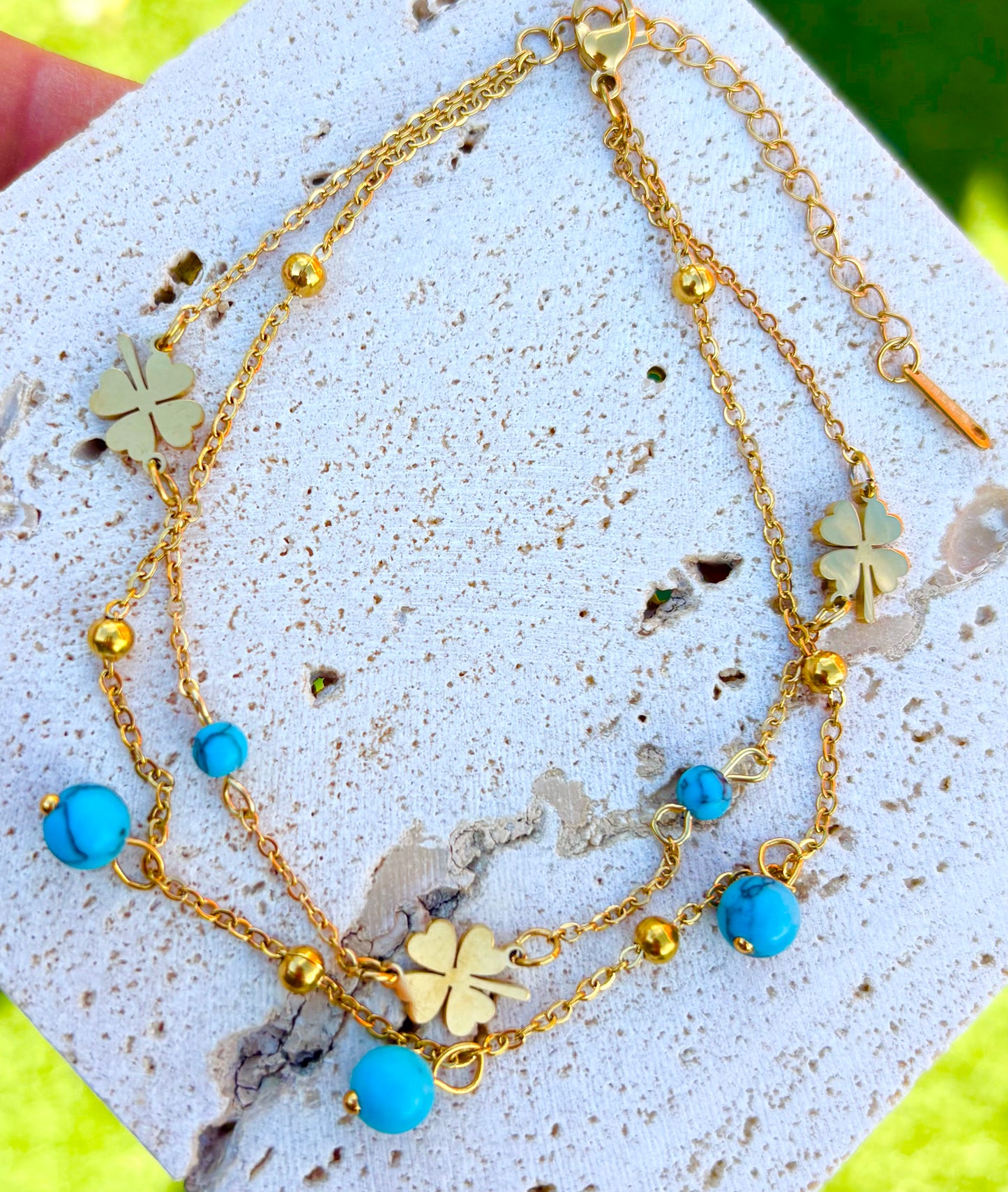 Golden Luck Clover & Turquoise Beaded Anklet - 18k Gold Plated, Tarnish-Free