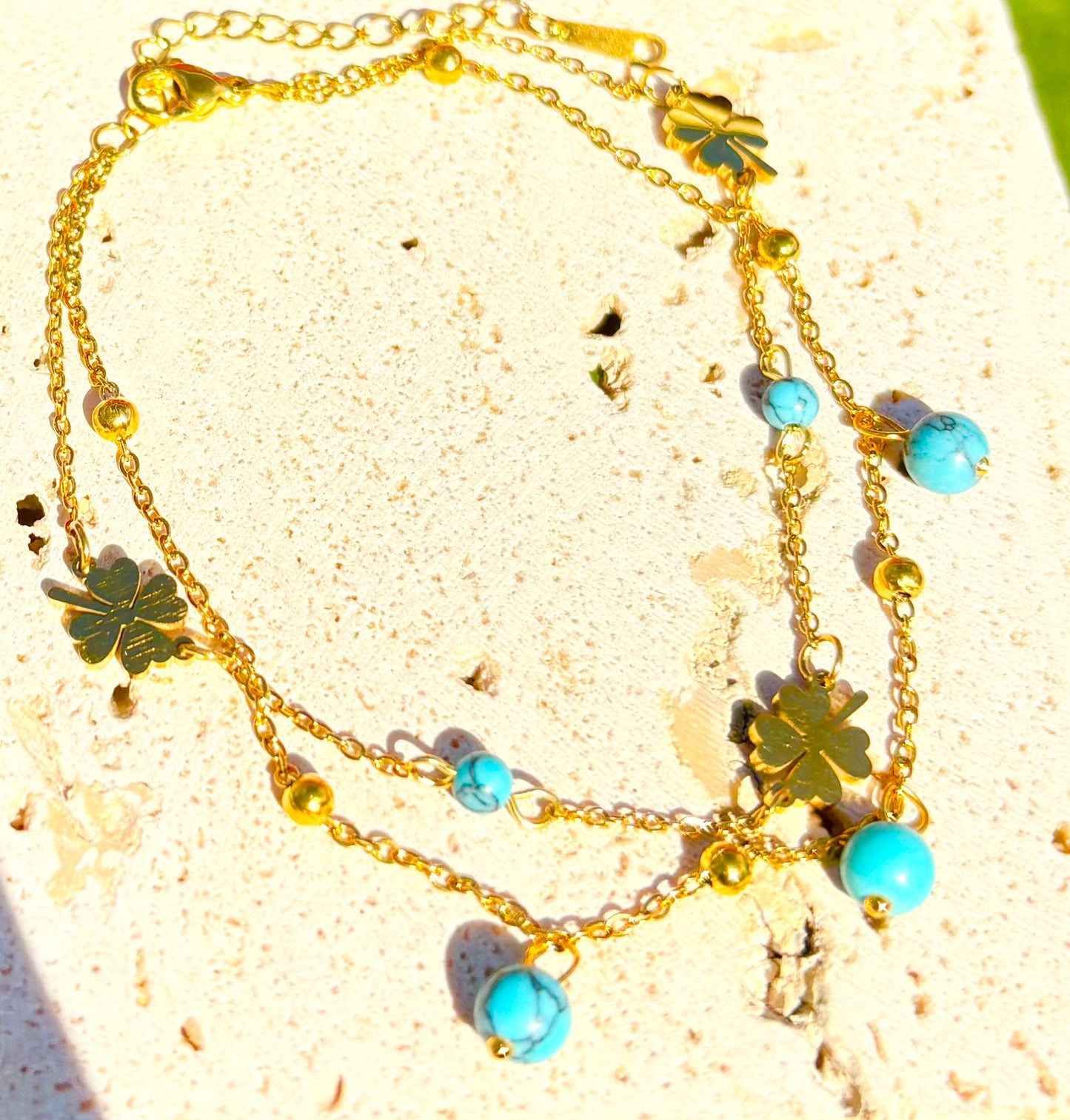 Golden Luck Clover & Turquoise Beaded Anklet - 18k Gold Plated, Tarnish-Free