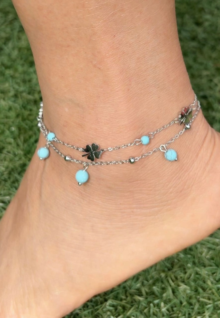 Golden Luck Clover & Turquoise Beaded Anklet - 18k Gold Plated, Tarnish-Free