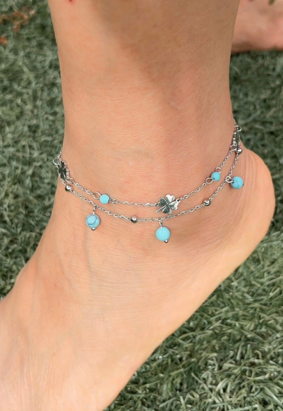 Golden Luck Clover & Turquoise Beaded Anklet - 18k Gold Plated, Tarnish-Free