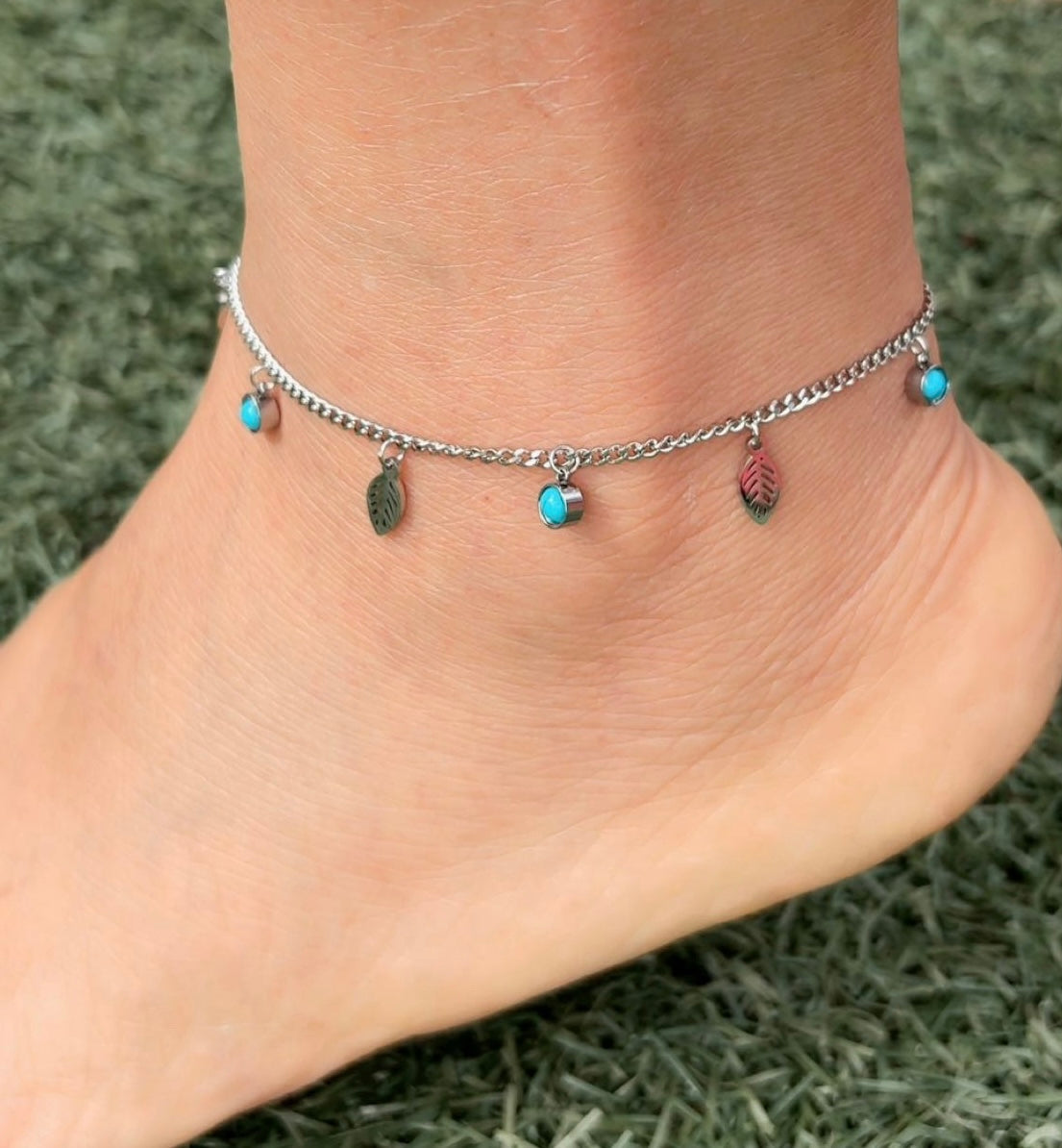 Turquoise Charm Leaf Anklet - Non-tarnish and Waterproof