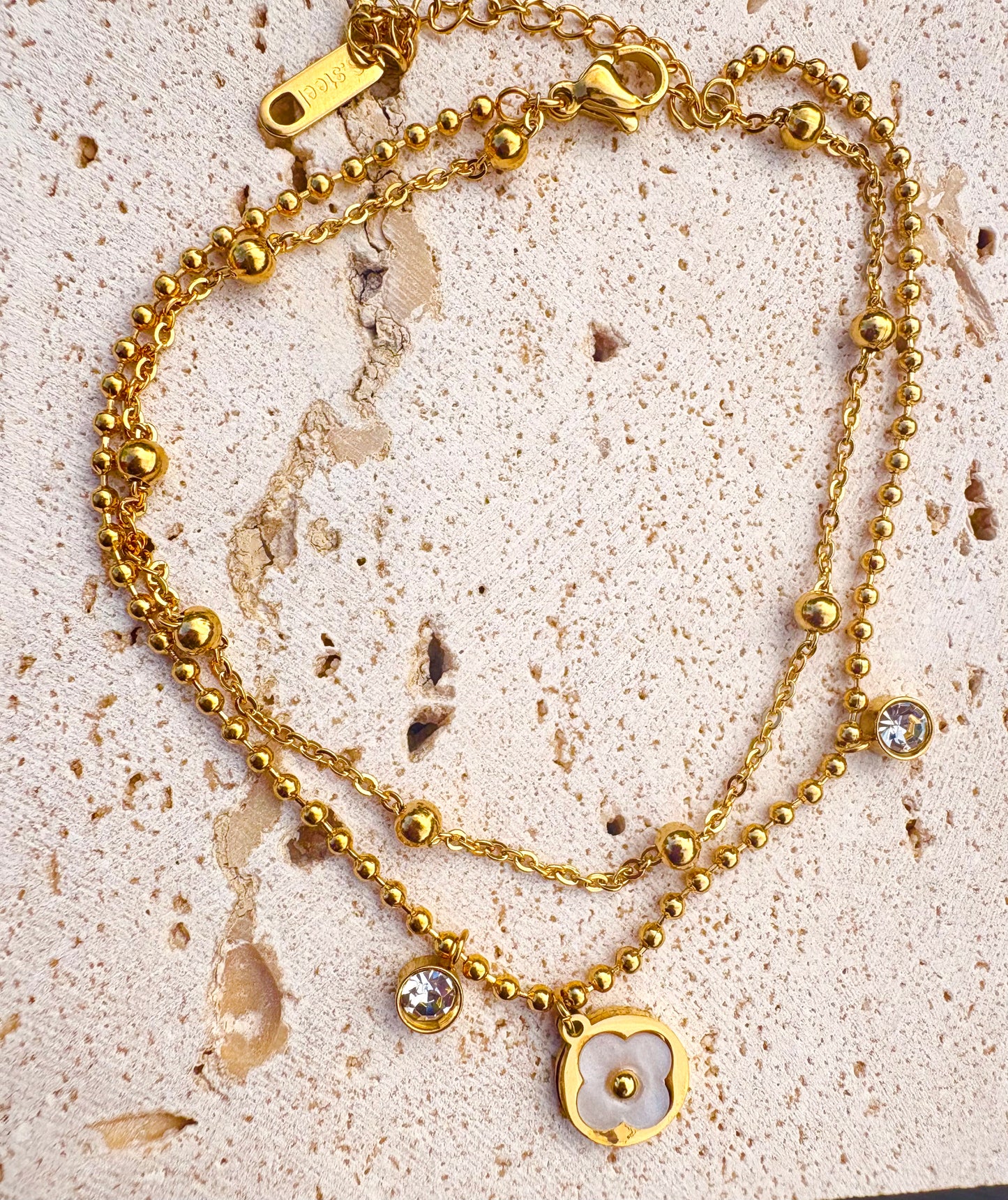Double Layer Flower Charm Anklet - 18k gold plated, Tarnish Free