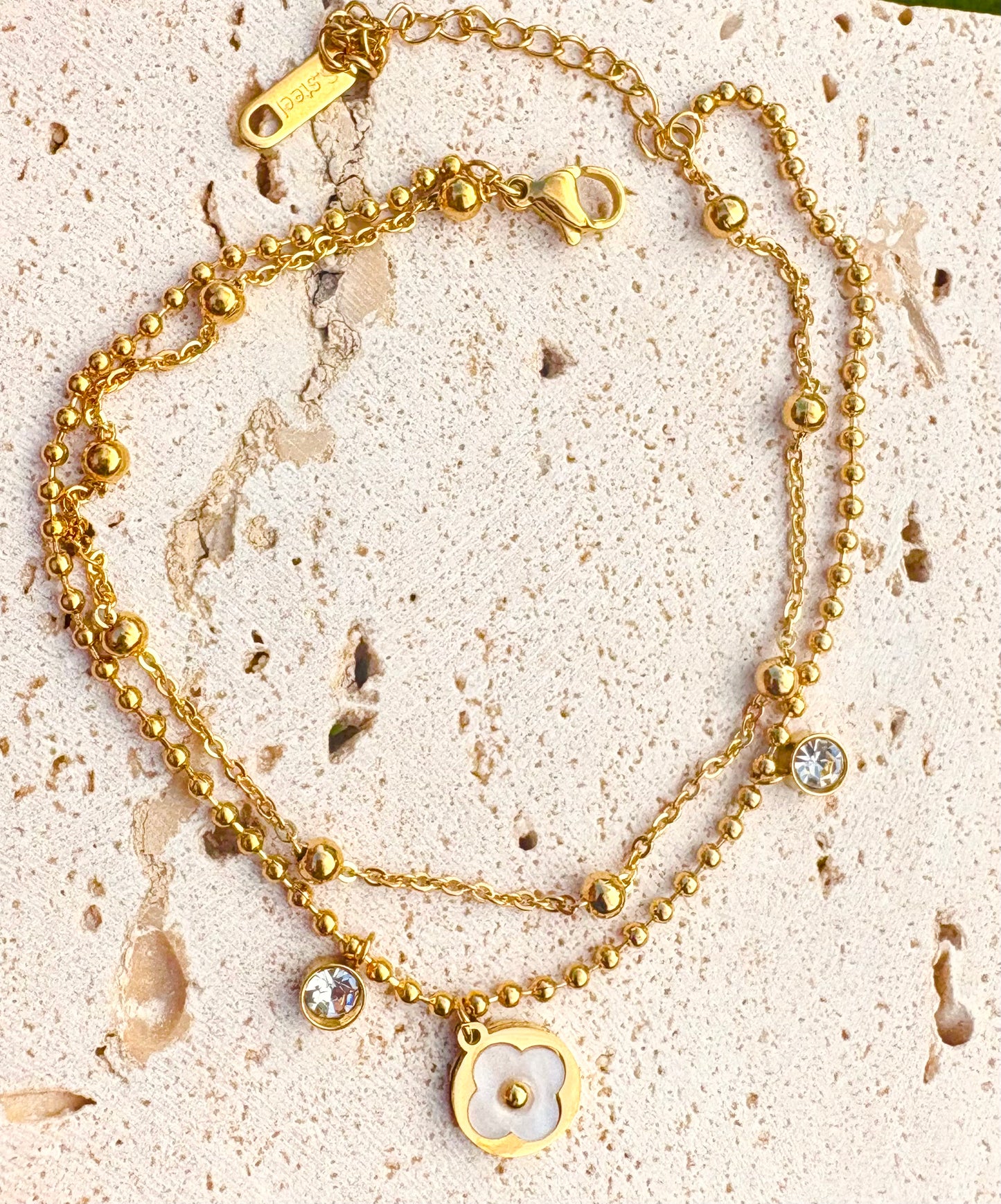 Double Layer Flower Charm Anklet - 18k gold plated, Tarnish Free