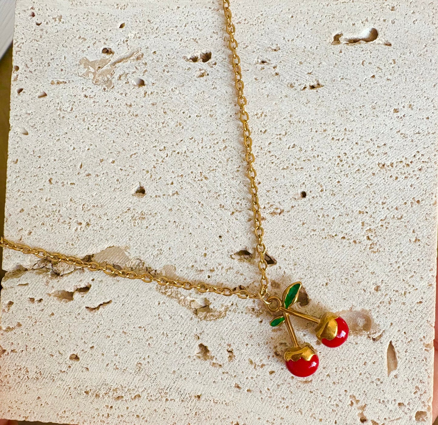 Cute cherry charm necklace on gold chain