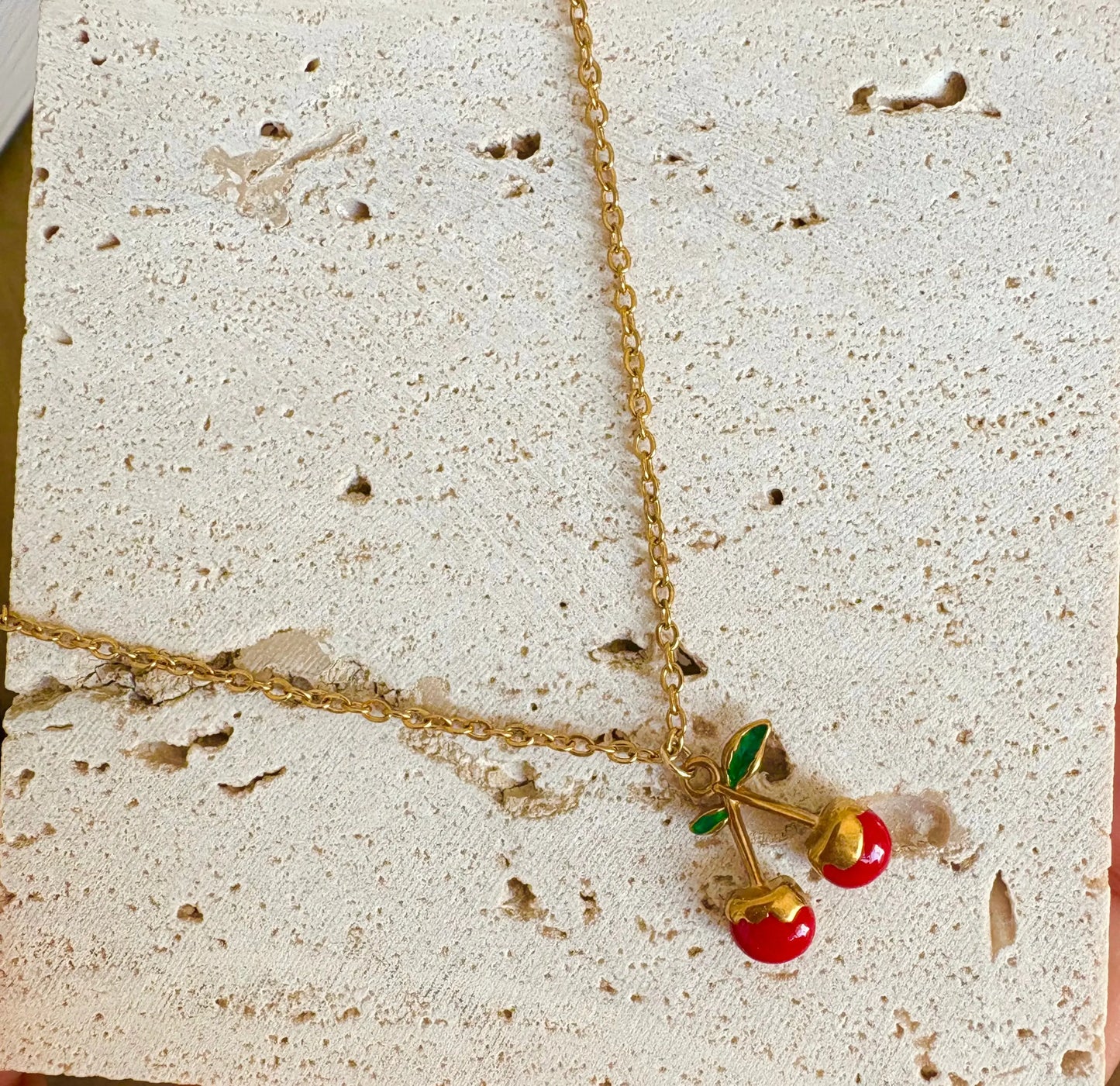Cute cherry charm necklace on gold chain