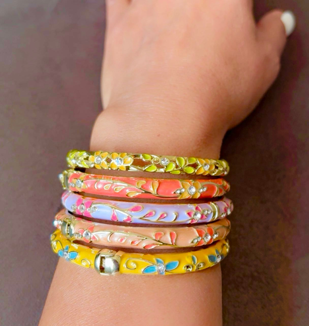 Peach Blossom Enamel Gold Bangle – 18K Gold Plated, Floral Design, Non-Tarnish, Spring Hinge