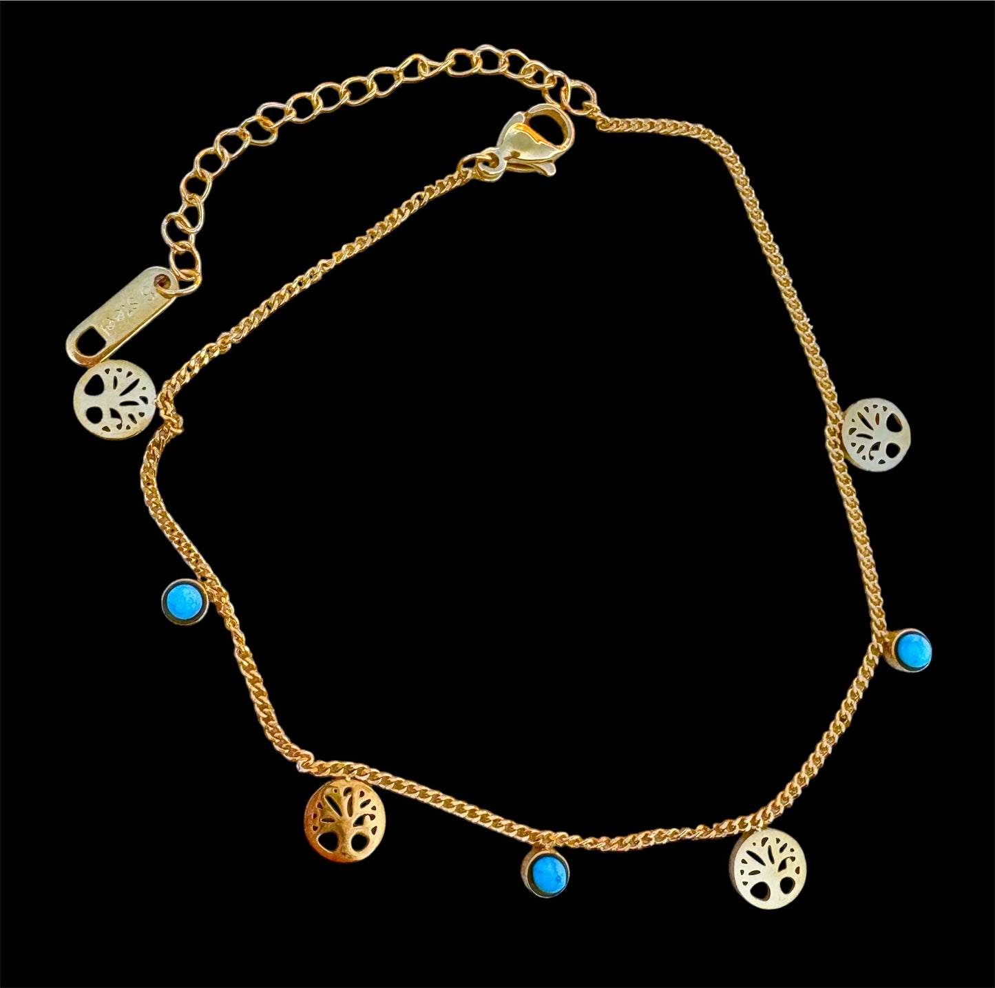 Tree of Life & Turquoise Charm Anklet - 18k gold Plated, Tarnish Free