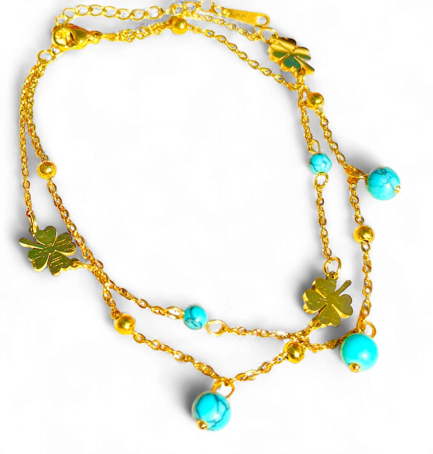 Golden Luck Clover & Turquoise Beaded Anklet - 18k Gold Plated, Tarnish-Free
