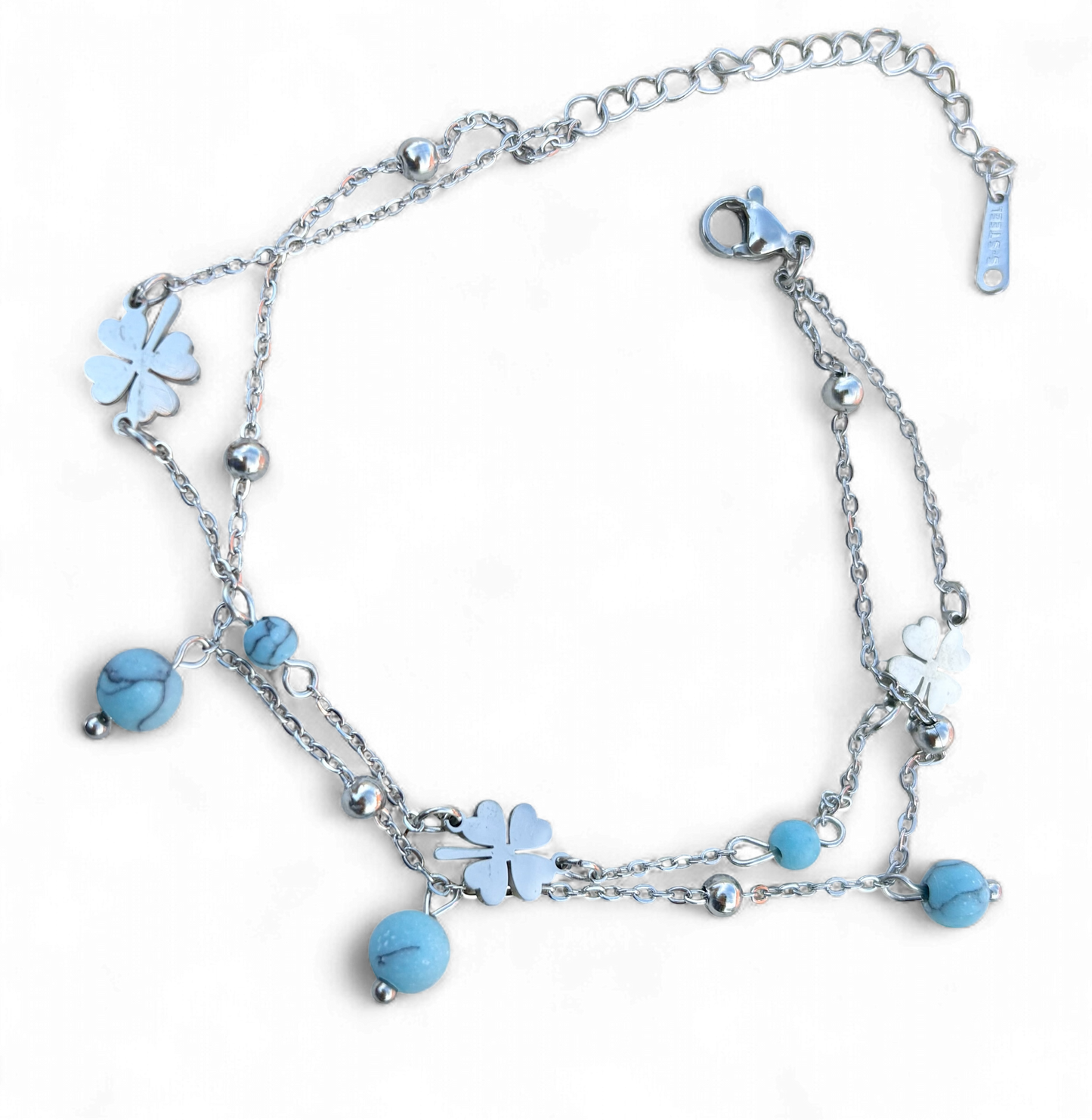 Golden Luck Clover & Turquoise Beaded Anklet - 18k Gold Plated, Tarnish-Free