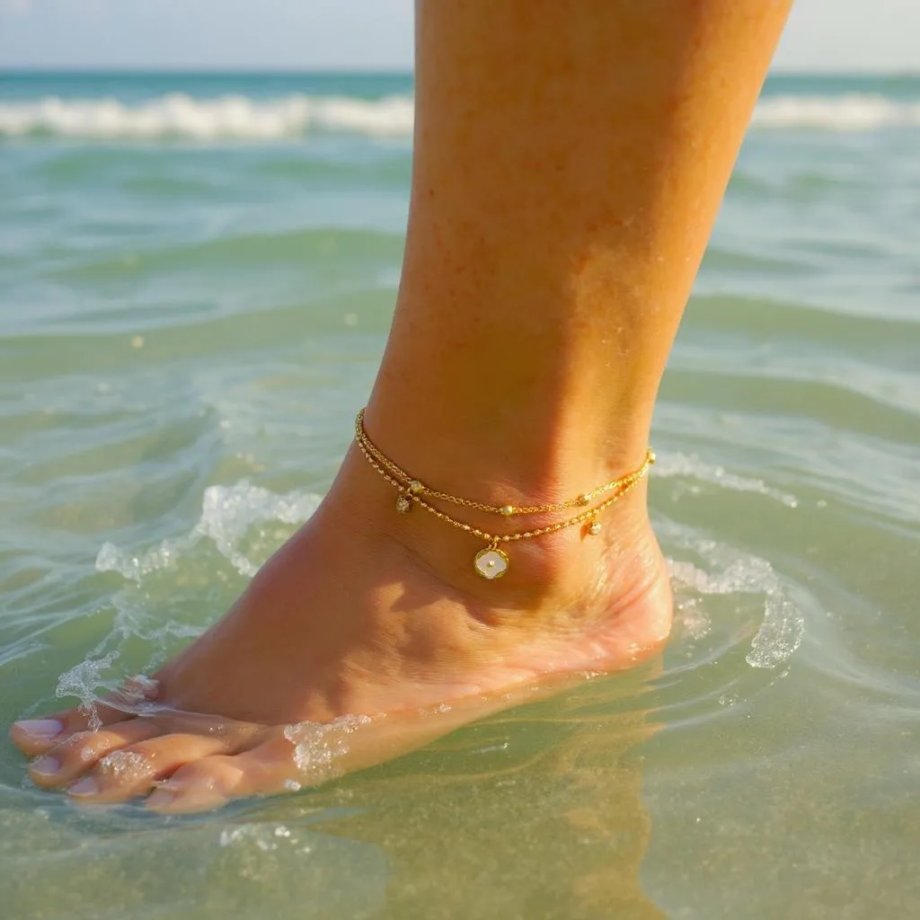Foot with gold anklets in shallow ocean water
