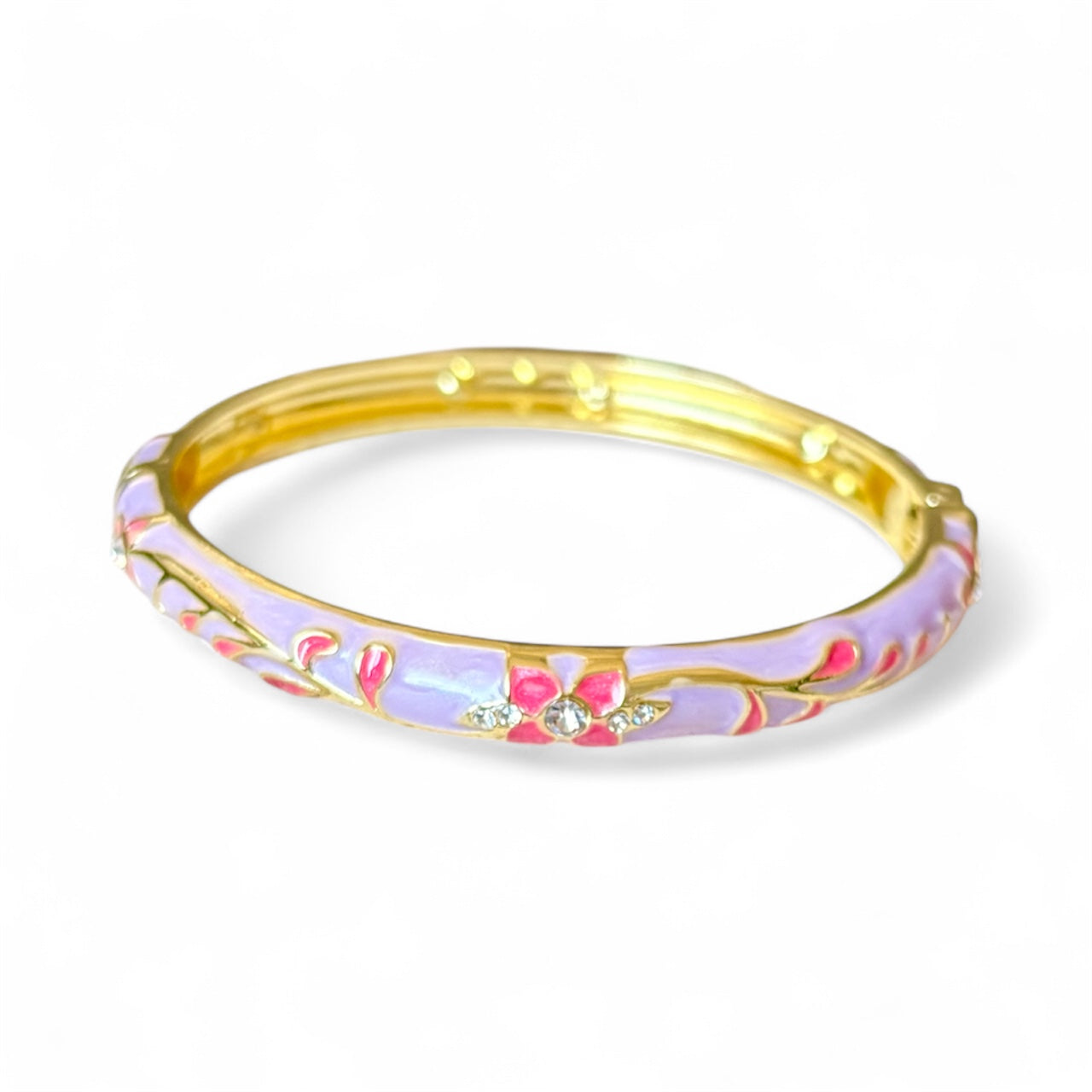 Purple Blossom Enamel Gold Bangle – 18K Gold Plated, Floral Design, Non-Tarnish, Easy Spring Hinge