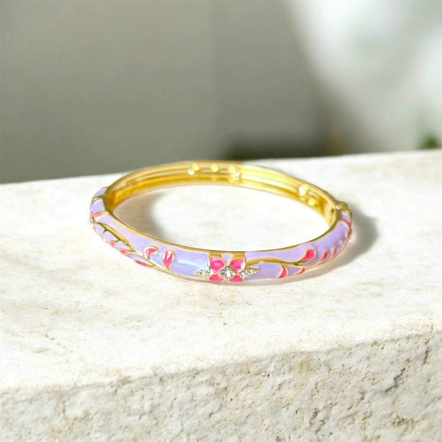 Purple Blossom Enamel Gold Bangle – 18K Gold Plated, Floral Design, Non-Tarnish, Easy Spring Hinge