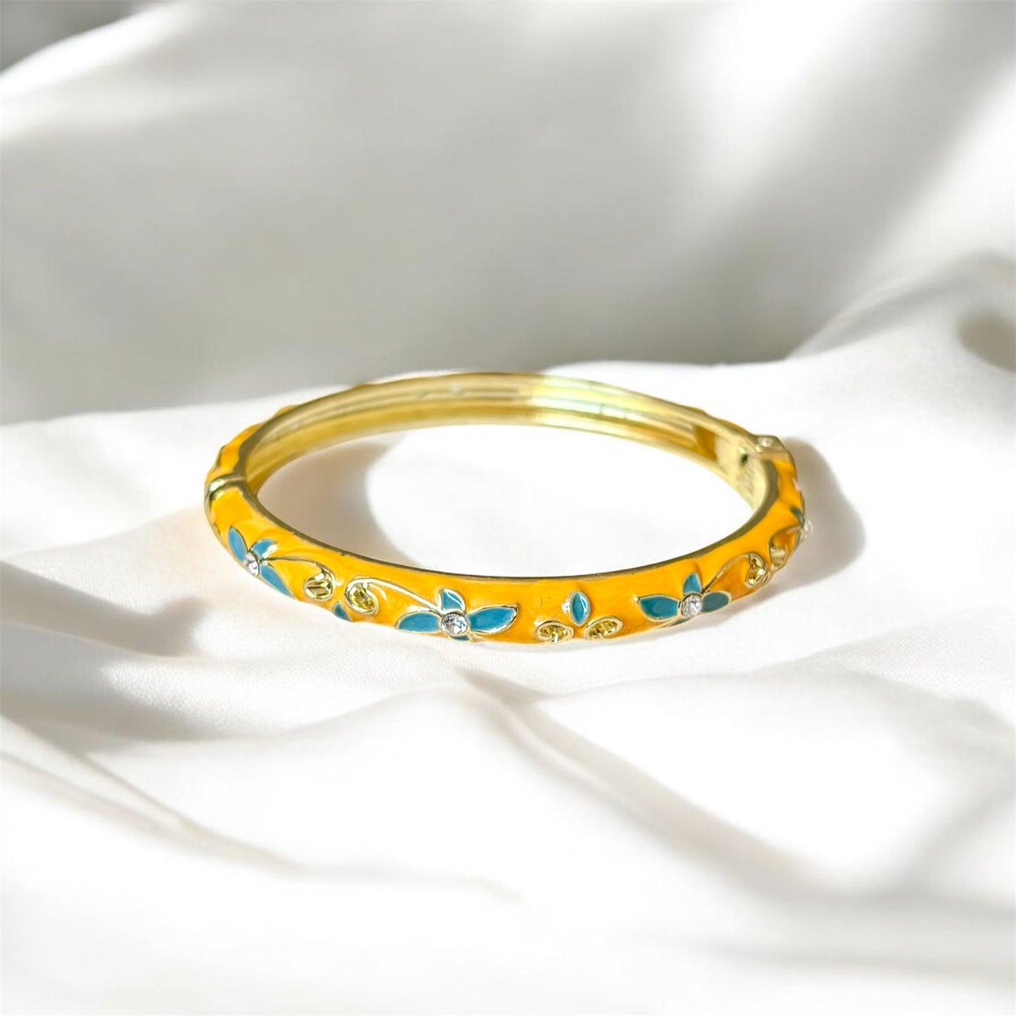 Yellow Enamel Gold Bangle – 18K Gold Plated, Floral Design, Non-Tarnish, Spring Hinge