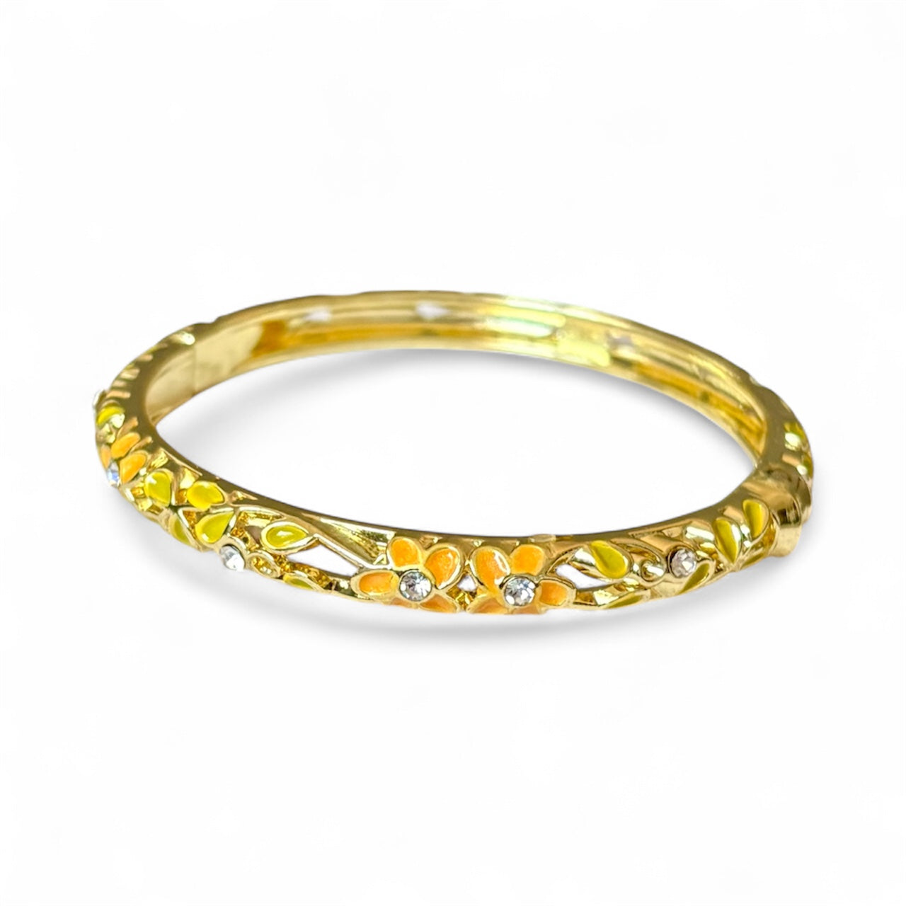 Floral Enamel Gold Bangle – 18K Gold Plated, Floral Design, Non-Tarnish, Easy Spring Hinge