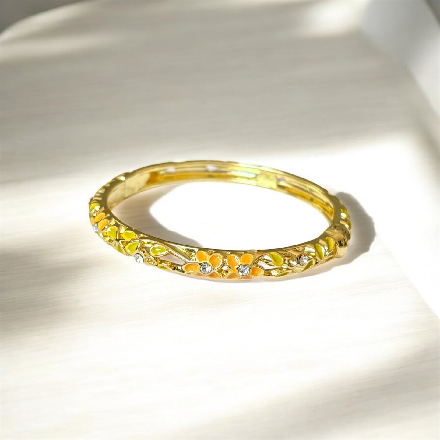 Floral Enamel Gold Bangle – 18K Gold Plated, Floral Design, Non-Tarnish, Easy Spring Hinge