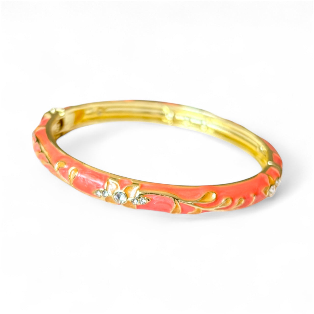 Peach Blossom Enamel Gold Bangle – 18K Gold Plated, Floral Design, Non-Tarnish, Spring Hinge