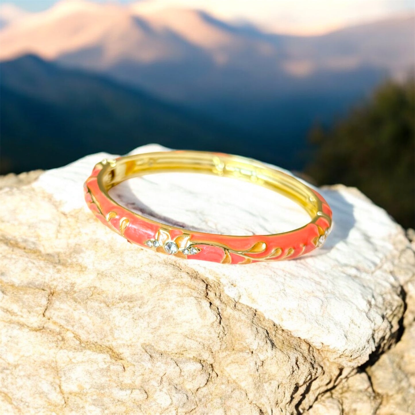 Peach Blossom Enamel Gold Bangle – 18K Gold Plated, Floral Design, Non-Tarnish, Spring Hinge