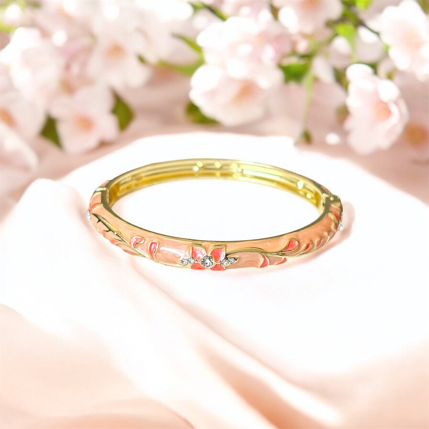 Blossom Enamel Gold Bangle – 18K Gold Plated, Floral Design, Non-Tarnish