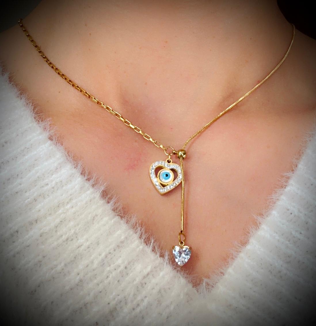 Evil Eye Zircon heart Necklace - Protection & Elegance in One
