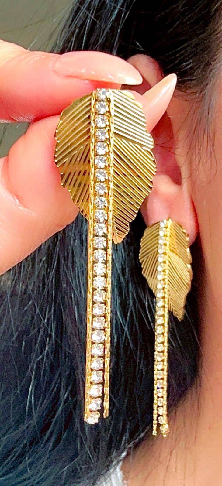 Leaf with Zircon Dangle Earrings