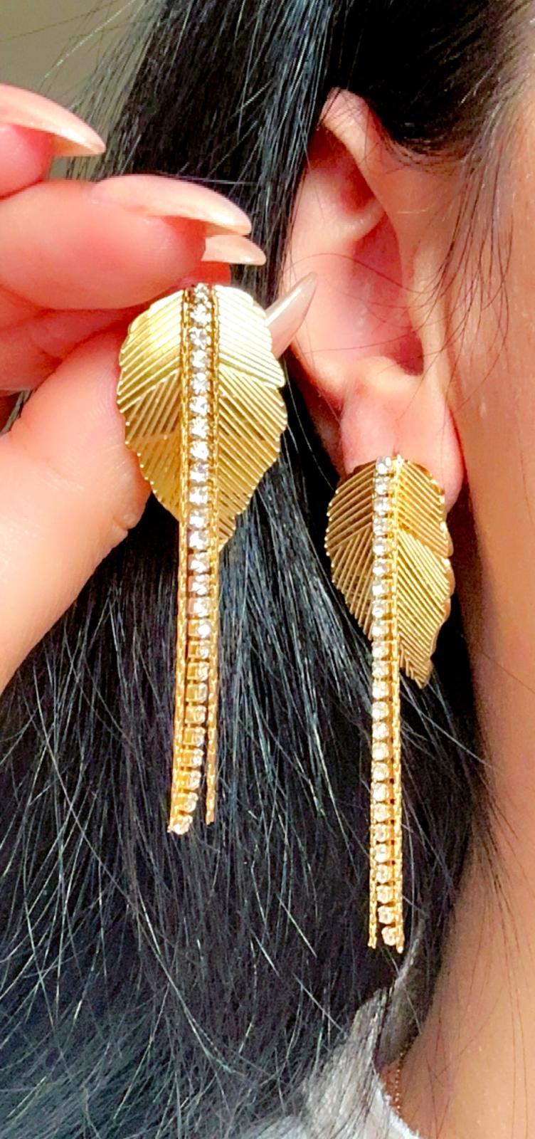 Leaf with Zircon Dangle Earrings