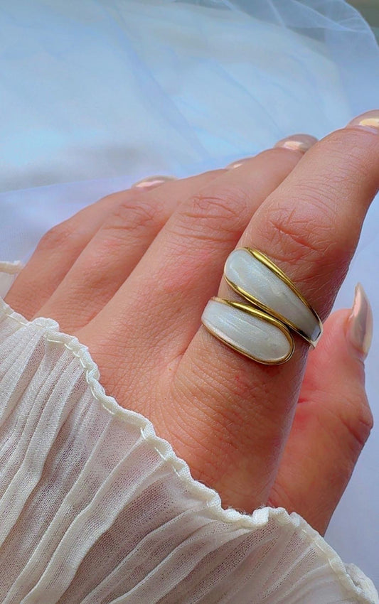 Gold shell inlay band ring with white shell-like finish displayed on hand