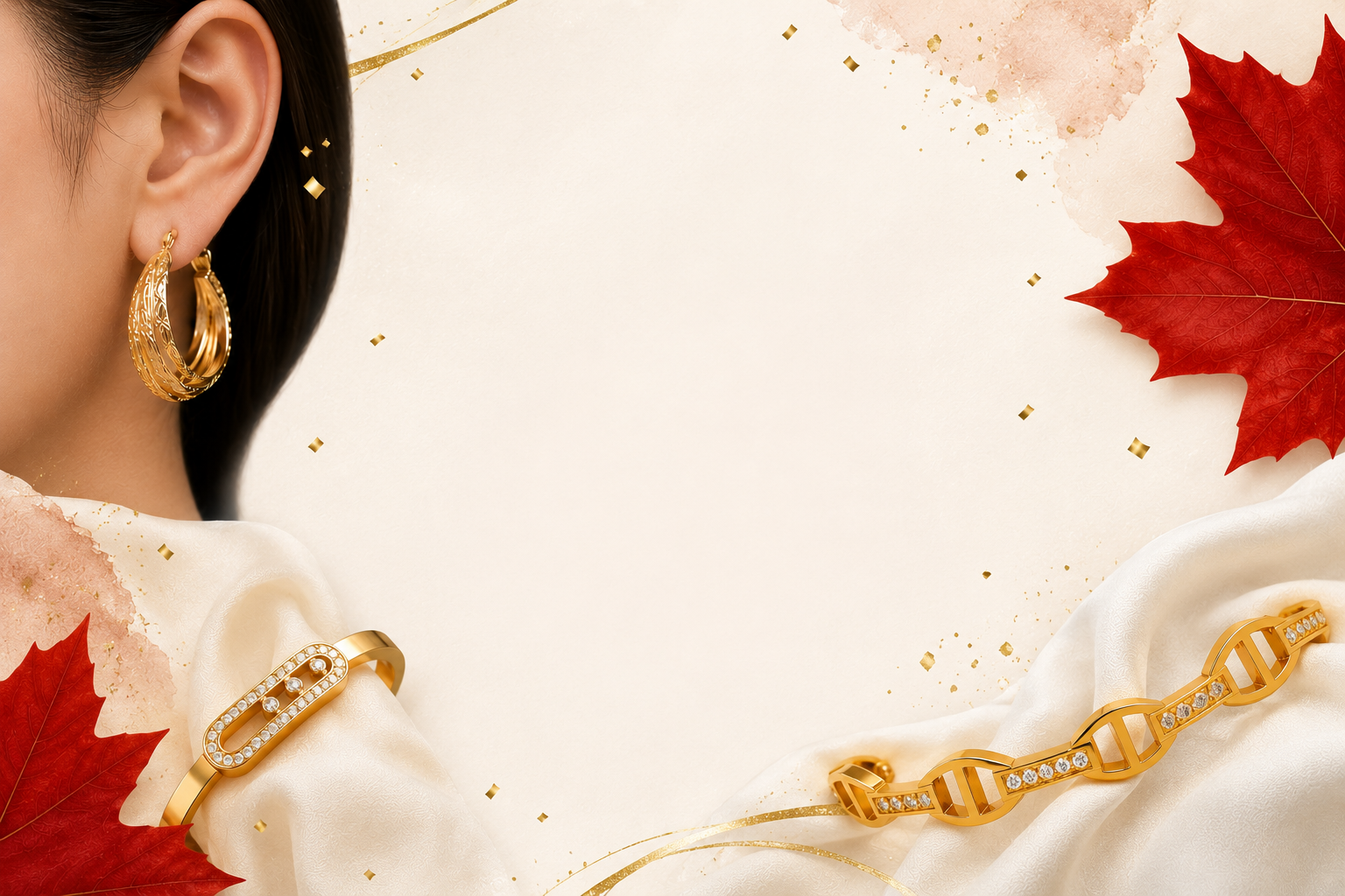Gold jewelry set with earrings and bracelet on a decorative background with red leaves.