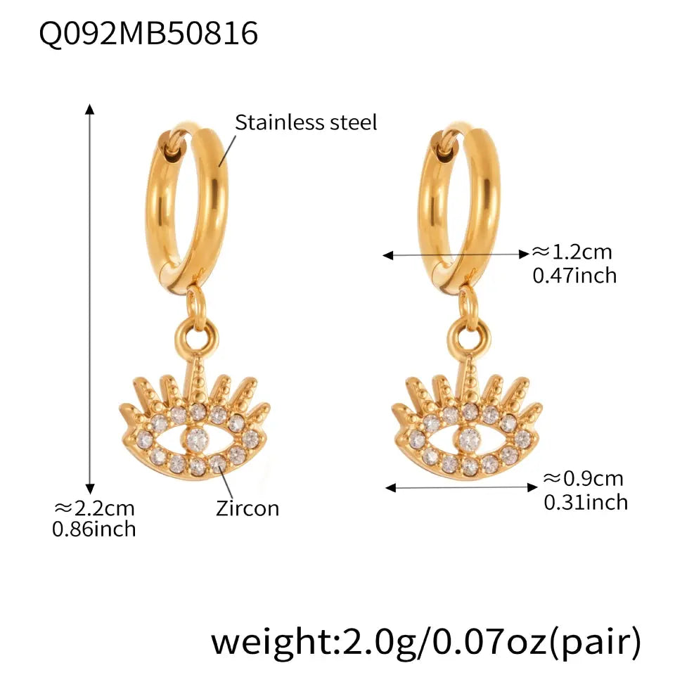 Gold hoop earrings with eye-shaped charms and zirconia stones, showing measurements and material details.