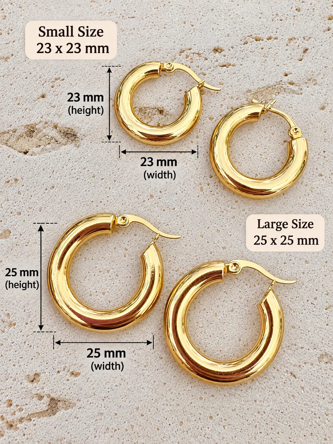 18k gold plated hoop earrings with size labels and measurement arrows indicating small size 23 x 23 mm and large size 25 x 25 mm.