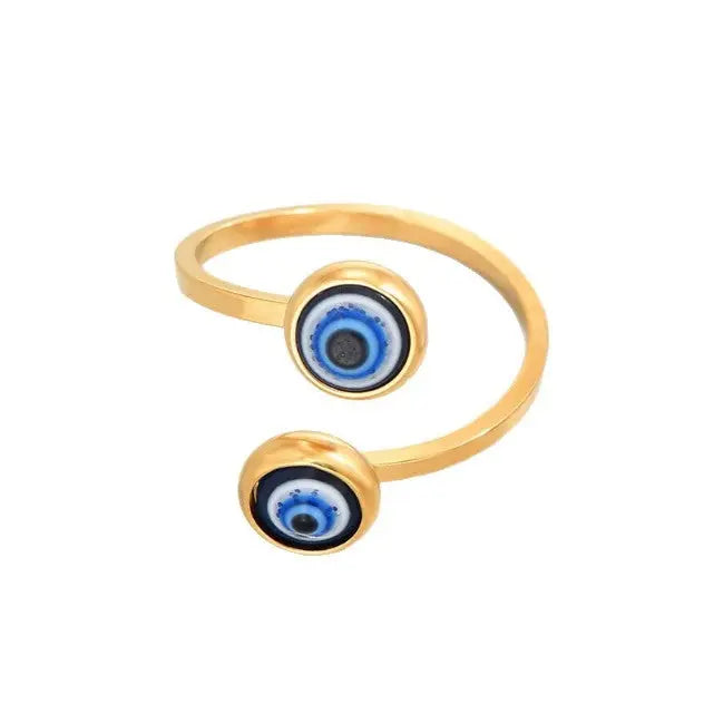 18K gold-plated open wrap-style ring with two round blue-and-white evil eye details