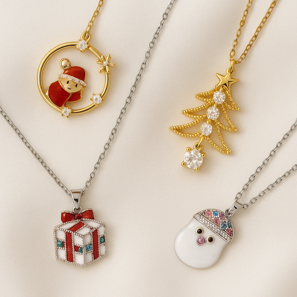 Four festive-themed pendants on chains against a light background