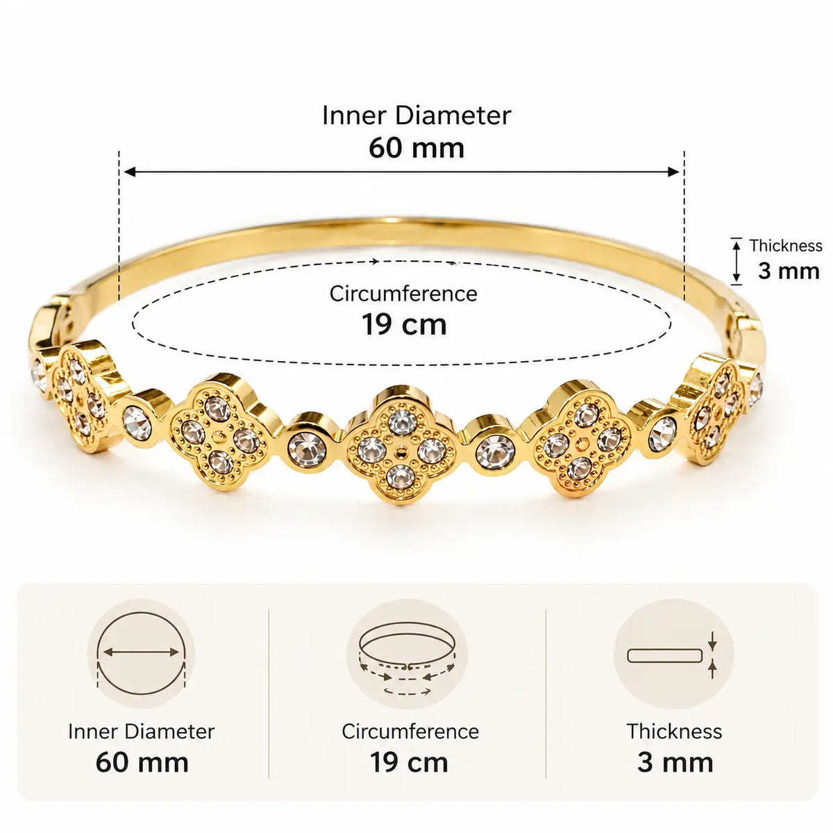 Gold bangle bracelet with floral clover motifs set with zircon stones, shown with overlaid dimension labels.