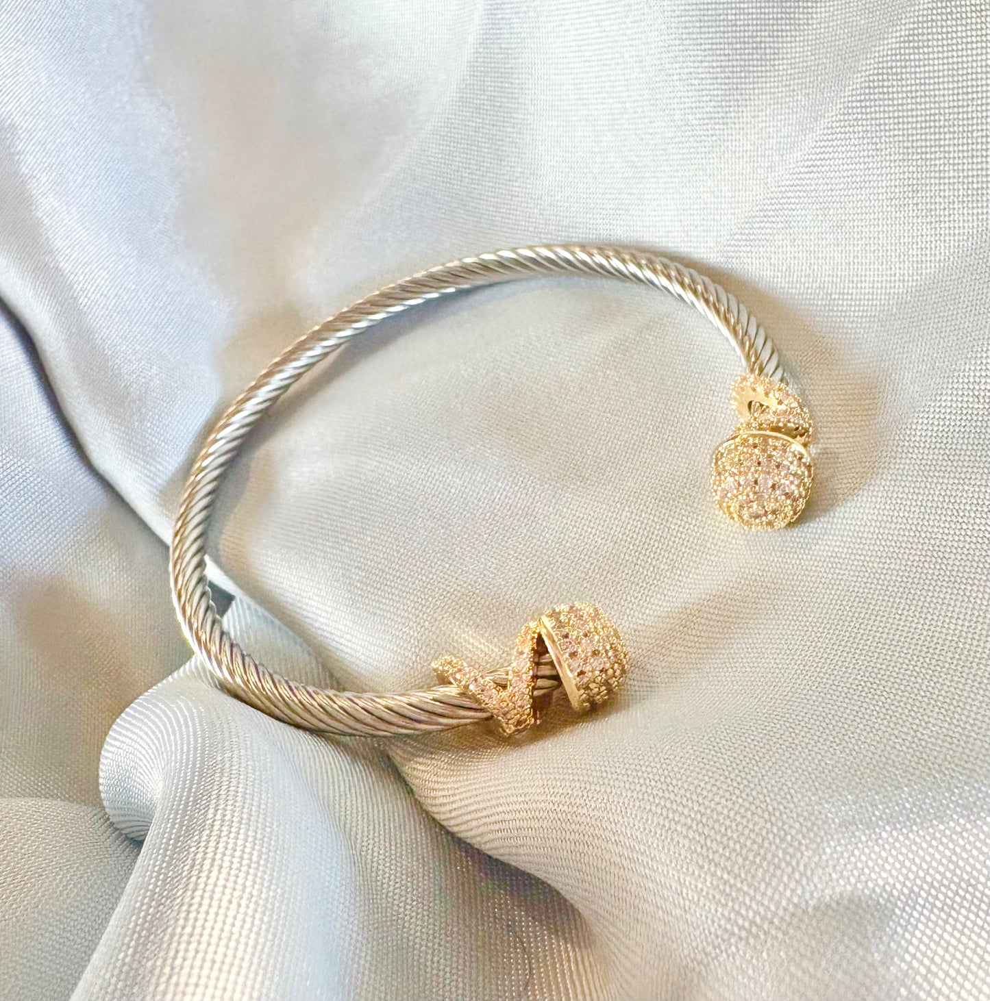 Silver Cable Cuff Bracelet with Gold Crystal Ends – Stainless Steel