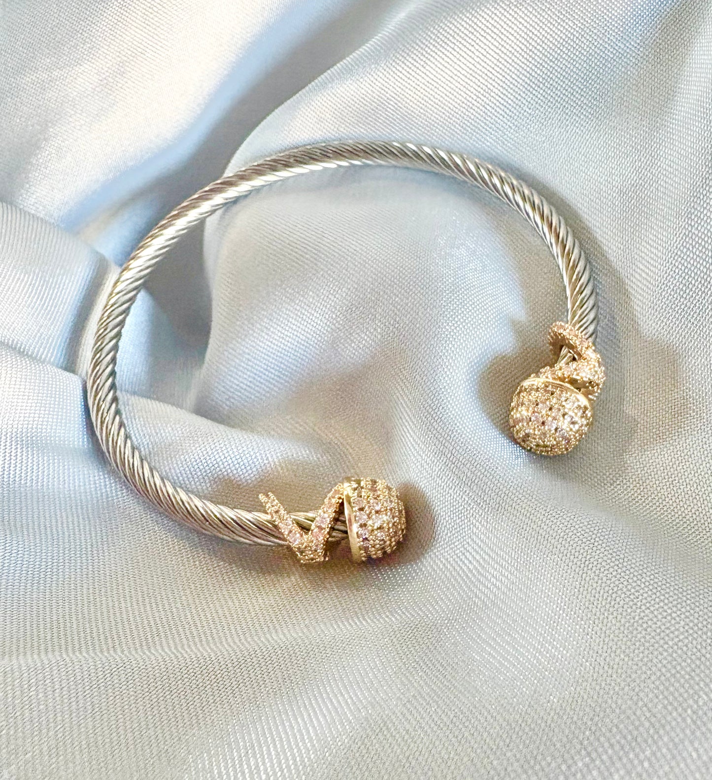 Silver Cable Cuff Bracelet with Gold Crystal Ends – Stainless Steel