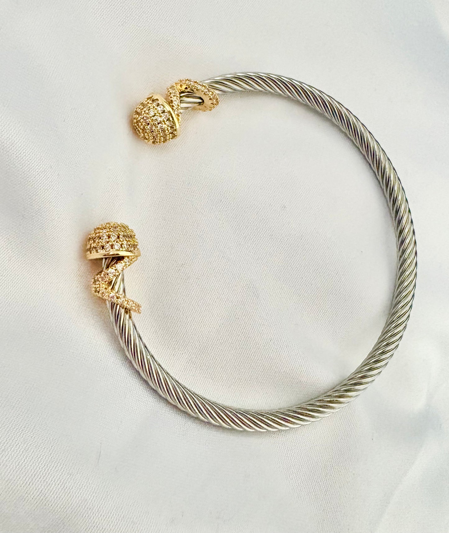 Silver Cable Cuff Bracelet with Gold Crystal Ends – Stainless Steel