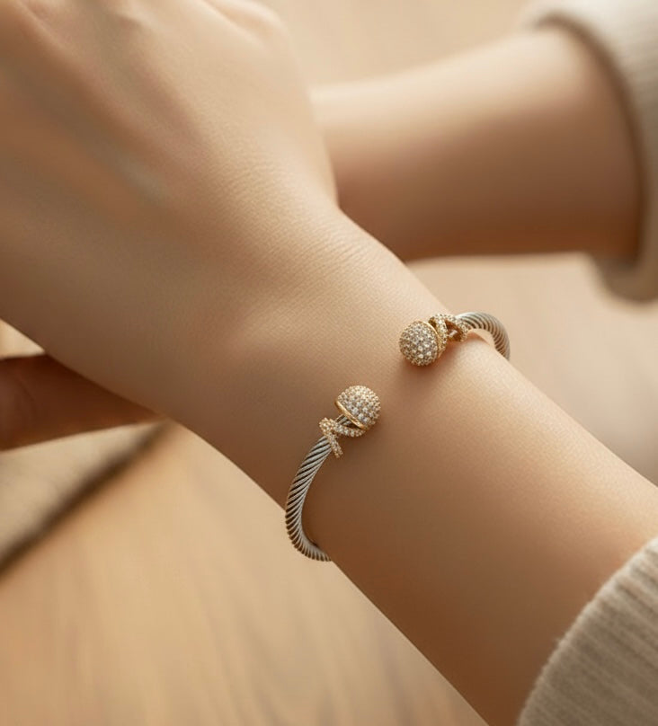Silver Cable Cuff Bracelet with Gold Crystal Ends – Stainless Steel
